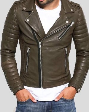 Men Quilted Olive Green Biker Real Leather Jacket