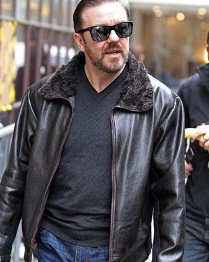 Ricky Gervais After Life Black Shearling Leather Jacket