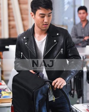 Choi Si won Black Leather Biker Jacket