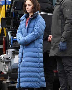 Actress Emilia Clarke Secret Invasion Blue Puffer Trench Coat