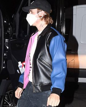 Color block Justin Bieber Leather Bomber Jacket