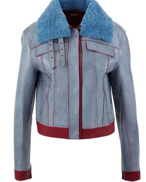 Zoe Chao Love Life Sara Yang Blue Leather Jacket with Fur Collar